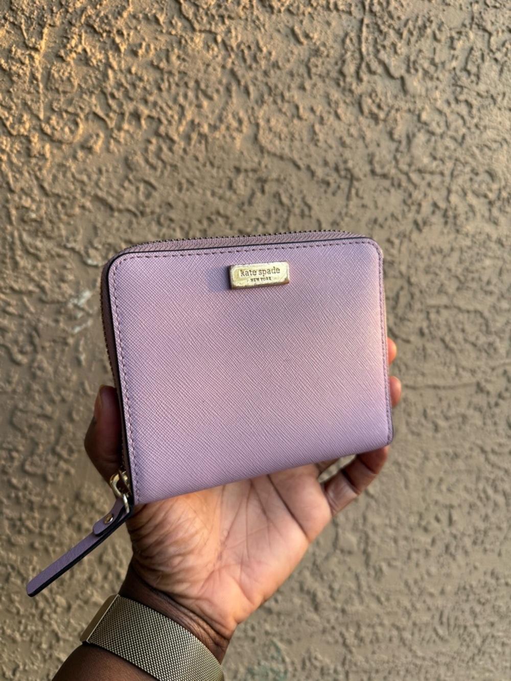 kate spade lilac zip-around compact wallet with gold plaque
